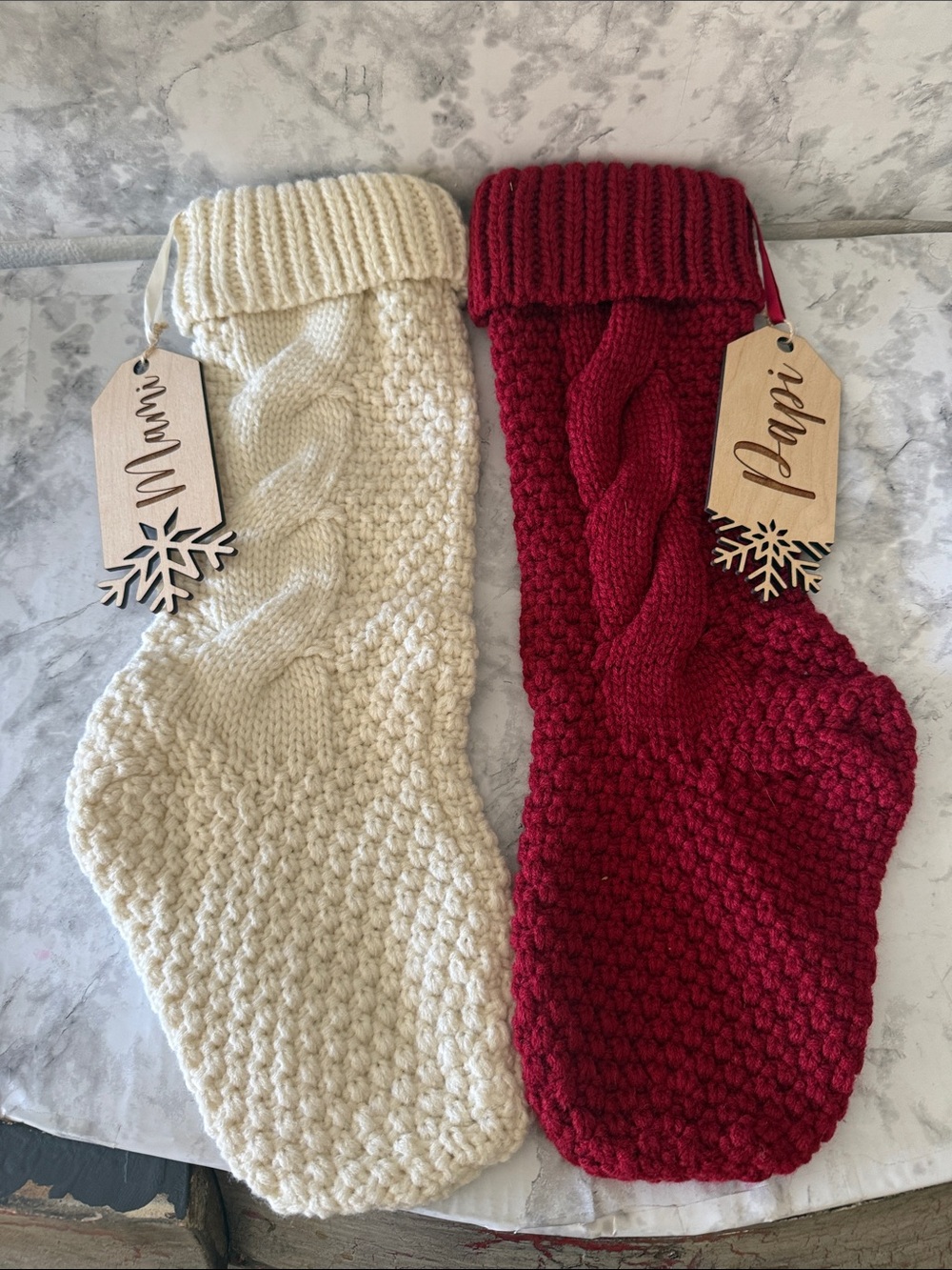 Chunky Knit Christmas Stocking Set Of 2 Ivory Burgundy 17"